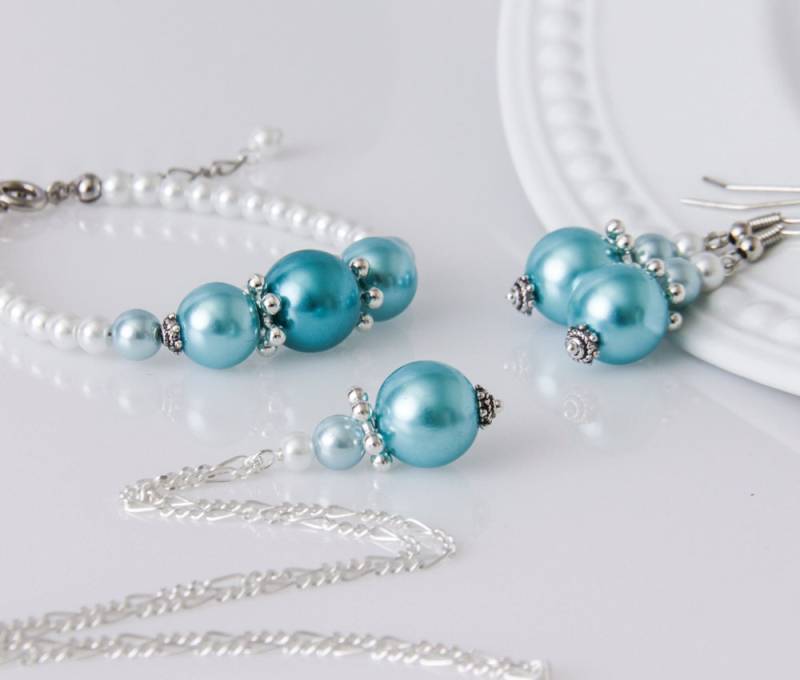 Aqua Blauer Perlen Schmuck-Set, Blau Hochzeit Schmuck, Blaue Perle Brautjungfer Set Von Schmuck-Set von VioGemini