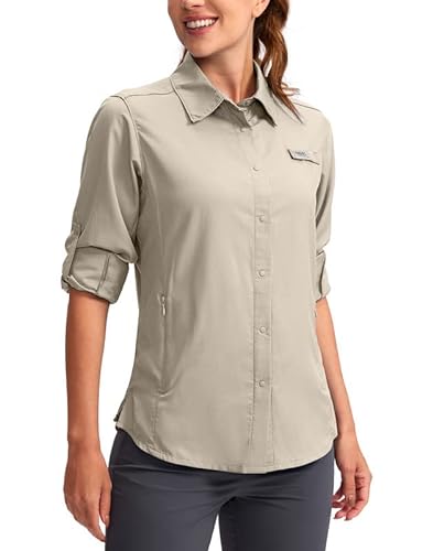 Viodia Damen Sonnenschutz-Shirt mit Reißverschlusstaschen, leicht, LSF Langarmshirts für Frauen, Angeln, Wandern, khaki, Groß von Viodia