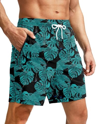 Viodia Herren-Badehose mit Kompressionsfutter, schnell trocknende Boardshorts, Badeanzug, Bademode für Herren, mit Reißverschlusstaschen, Laub, 3XL von Viodia