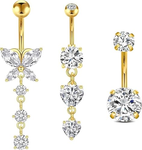 Viojrlly 3stk Dangle bauchnabelpiercing chirurgenstahl gold 10mm Bauchpiercing Piercing Bauchnabel Schmuck Herz Schmetterling Anhänger Strass Titan Clip Geschenk für Frauen Schmuck von Viojrlly
