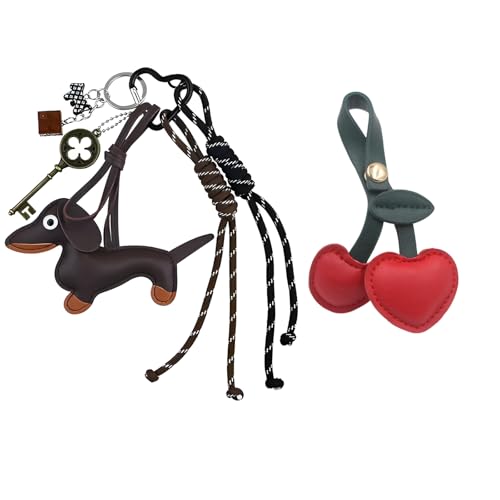 Viojrlly Cherry Bag Charm und Dackel Schlüsselanhänger In Künstlichem Leder Handtaschen Zubehör TaschenAnhänger Schultasche Rucksack Sporttasche Süßer Schlüsselanhänger Geburtstagsgeschenk für Mädchen von Viojrlly