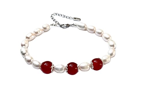 Viola Bennet Red Sonate Perlenarmband, Weiße Süßwasserperlen mit Roten Achat-Perlen, 18 cm + 5 cm Verlängerung, Silberfarbene Verzierung von Viola Bennet