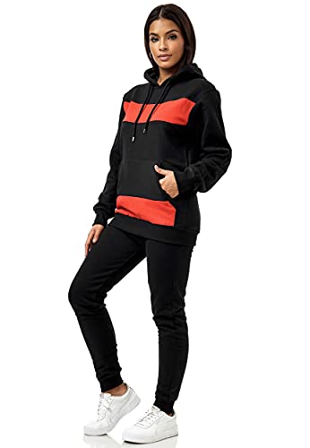 Violento Damen Jogging-Anzug | Sportlich mit Hoodie | Bauchtasche und Kapuze | Ohne Reißverschluss 524 | (XXL, Schwarz-Rot) von Violento