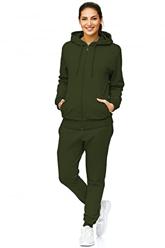 Violento Damen Jogginganzug Uni 586 | 100% Baumwolle | Trainingsjacke mit Reißverschluss | Hose mit Gummizug und Zugband | Rippstrickbündchen | Oliv, XL von Violento