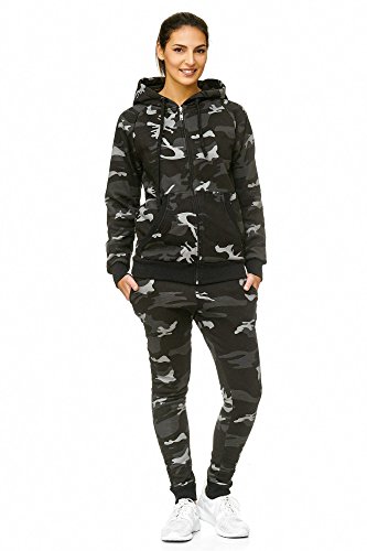 Violento Damen Jogginganzug Uni 586 | 100 Prozent Baumwolle | Trainingsjacke mit Reißverschluss | Hose mit Gummizug und Zugband | Rippstrickbündchen, 582, Camouflage, S von Violento