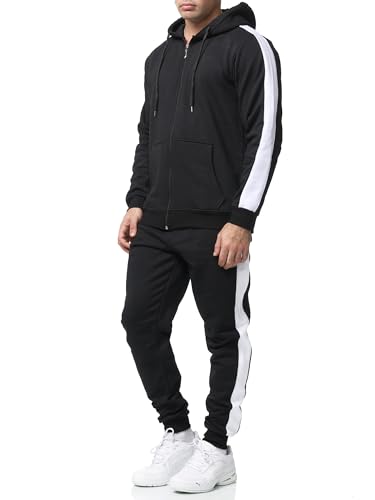 Violento Jogginganzug Herren Uni Colour Design 526 | Jogginghose Jacke | Streifen | Kapuzenjacke |(M, Schwarz Weiss) von Violento