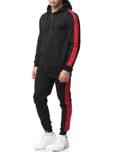 Violento Jogginganzug Herren Uni Colour Design 526 | Jogginghose Jacke | Streifen | Kapuzenjacke | (XL, Schwarz Rot) von Violento