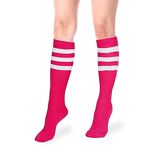 Violet Mist Kniestrümpfe für Damen und Mädchen, 3 Streifen, lässig, kariert, Argyle, athletisch, lange Schlauchsocken, niedliche Kniestrümpfe, Knallpink (Hot Pink), Einheitsgröße von Violet Mist