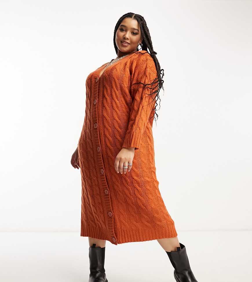 Violet Romance Curve - Langes Strickjackenkleid in Rostorange mit Zopfmuster von Violet Romance Curve