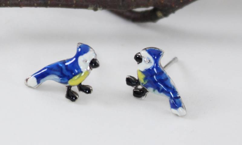 Blue Jay Vogel Ohrstecker. Von Hand Bemalt, Ohrstecker Sterlingsilber Von Gefertigt. Natur, Garten Design Inspiriert von VioletandVirtue