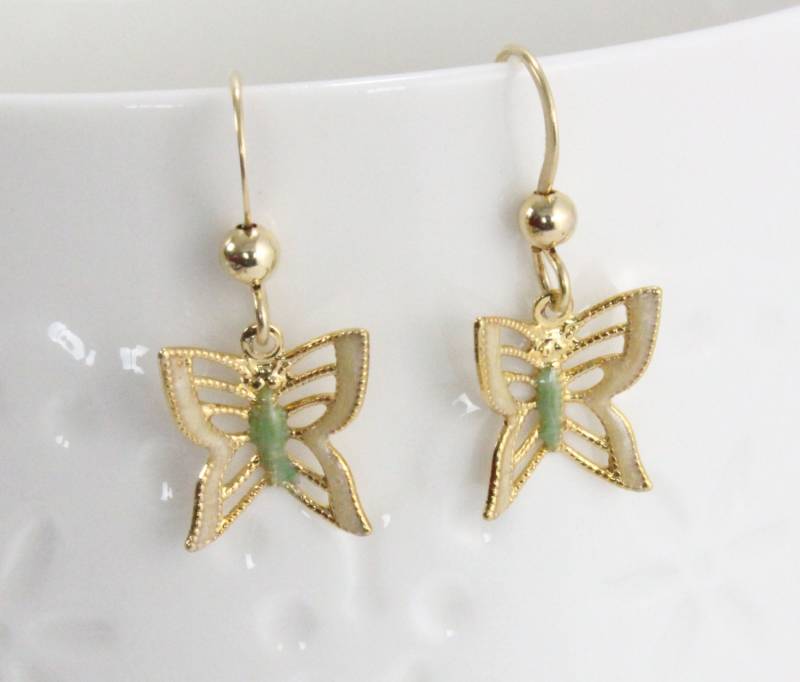Handgefertigte Schmetterlingsohrringe. Filigran, Dapped Flügel Grün Emaille Über 14 K Gold-Filled. Natur Inspiriert von VioletandVirtue