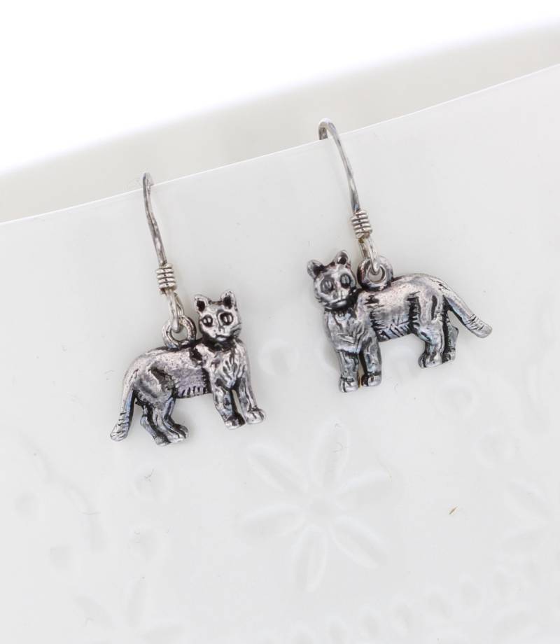 Silber Katze Gestempelt Sterling Silberohrringe. Baumeln Sie, Tropfen Sie Ohrringe. Sterlingsilber Ohrhaken. Tier, Ohrringe von VioletandVirtue