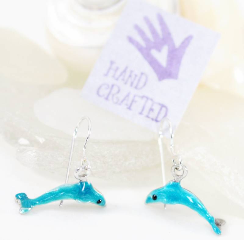 sterling Silber Delfin Schweinswal Ohrhänger Hand Emaillierten Aqua Blau von VioletandVirtue