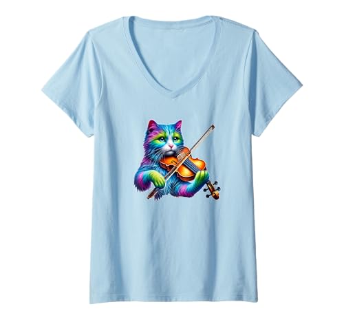 Damen Cute Cat Kitten Musician Violinist Violin Player T-Shirt mit V-Ausschnitt Damen Cute Cat Kitten Musician Violinist Violin Player T-Shirt mit V-Ausschnitt von Violin Cats for Violinist or violin lovers