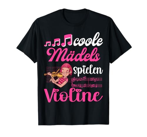 Violine Musik Geige Violinspieler T-Shirt - Damen, Unisex-Kinder - Schwarz - Kurzarm - S - EU Small - Klassisch mit Cartoon-Muster - Coole Mädels spielen Violine von Violine Musik Geige Violinspieler Musikerin Geiger