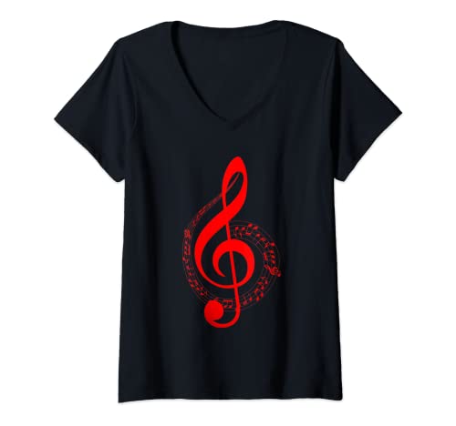 Damen Musiknote Rot Violinschlüssel Musiksymbol für Musiker T-Shirt mit V-Ausschnitt von Violinschlüssel Designs