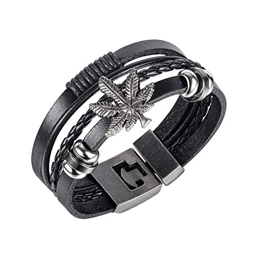 Vioness Herren-Armband Cannabis-Blatt Perle Legierung Leder gewebt mehrreihig Vintage Schmuck handgefertigt von Vioness