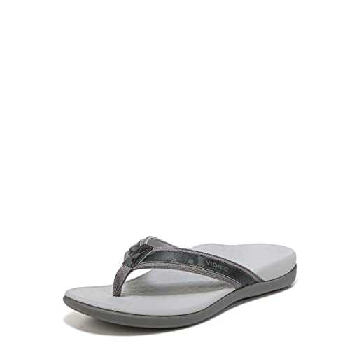 Vionic Damen Tide II Zehensteg-Sandale – Sommerschuhe Fußbett Flip-Flops mit drei Zonen-Komfort, orthopädischer Einlegesohle, Fußgewölbeunterstützung, Dunkelgraues Camouflage-Leder, 42 EU von Vionic