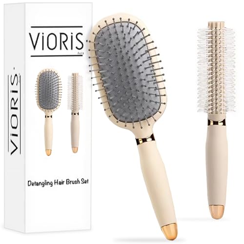 Vioris Aura Haarpflege-Entwirrungsbürste und -roller-Set - Perfekte Haarbürsten für Frauen mit lockigem Haar, Styling-Werkzeuge und Geräte für verhedderungsfreies, glattes Haar. (Beige) von Vioris Aura