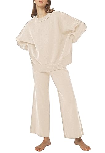 Viottiset Damen 2-Teilige Outfits Übergröße Loungewear Langarm Top Strickpullover Lounge Sets Schlafanzug Aprikose L von Viottiset