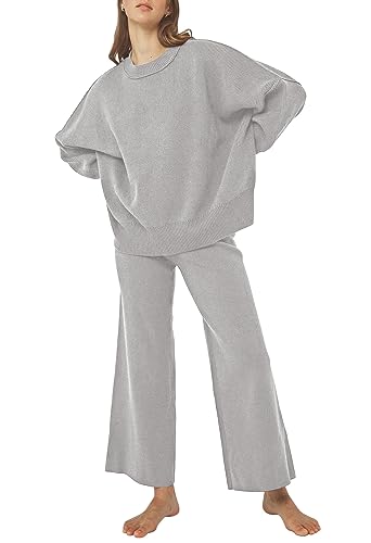 Viottiset Damen 2-Teilige Outfits Übergröße Loungewear Langarm Top Strickpullover Lounge Sets Schlafanzug Grau M von Viottiset