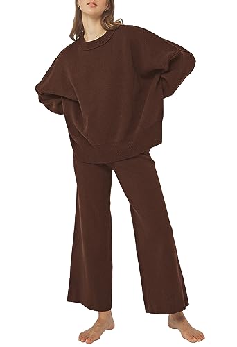 Viottiset Damen 2-Teilige Outfits Übergröße Loungewear Langarm Top Strickpullover Lounge Sets Schlafanzug Kastanie L von Viottiset