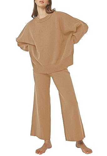 Viottiset Damen 2-Teilige Übergröße Loungewear Langarm Top Strickpullover Lounge Sets Outfits Trainingsanzüge Braun L von Viottiset