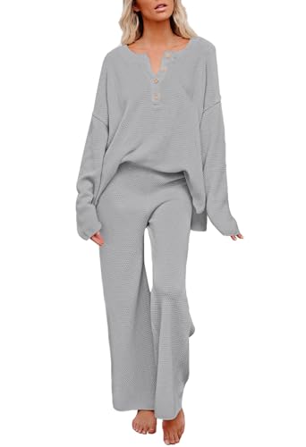 Viottiset Damen 2-Teiliges Homewear Set Langarm Knopf Weites Bein Hose Loungewear Outfits Strickpullover Grau S von Viottiset