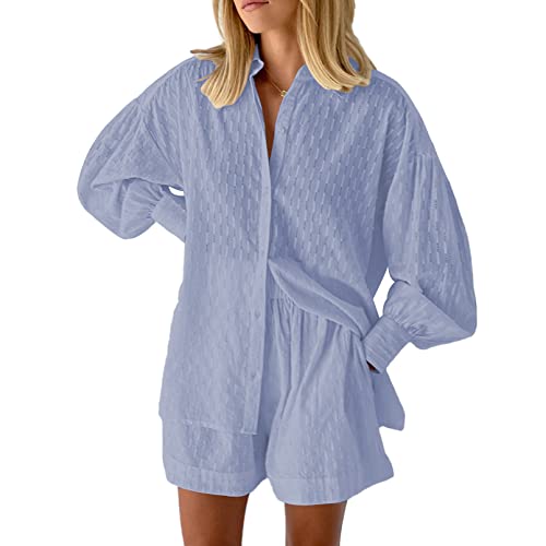 Viottiset Damen 2-Teiliges Outfit-Set Langarm Knöpfen Hemd Top Kurze Hose Kordelzug Lässiger Loungewear Pajamas Blau S von Viottiset