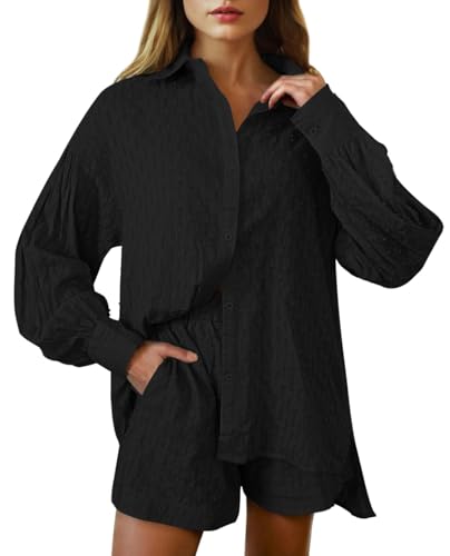 Viottiset Damen 2-Teiliges Outfit-Set Langarm Knöpfen Top Kurze Hose Kordelzug Lässiger Loungewear Pajamas Schwarz S von Viottiset