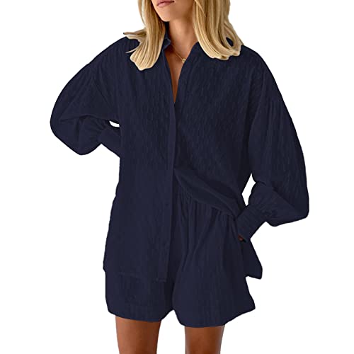 Viottiset Damen 2-Teiliges Outfit-Set Langarm Knöpfen Top Kurze Hose Kordelzug Lässiger Loungewear Pajamas Tiefblau XL von Viottiset