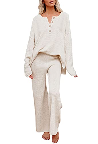 Viottiset Damen 2-Teiliges Outfit Set Langarm Knopf Strickpullover Weites Bein Hose Sweatsuit Jogginganzug Beige Groß von Viottiset