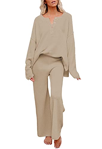 Viottiset Damen 2-Teiliges Outfit Set Langarm Knopf Strickpullover Weites Bein Hose Sweatsuit Jogginganzug Khaki Mittel von Viottiset