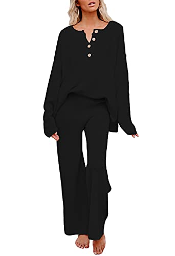 Viottiset Damen 2-Teiliges Outfit Set Langarm Knopf Strickpullover Weites Bein Hose Sweatsuit Oberteil Schwarz X-Large von Viottiset