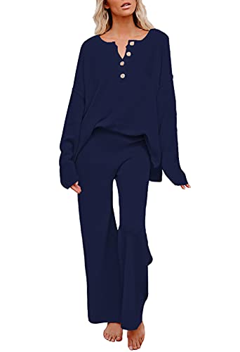 Viottiset Damen 2-Teiliges Outfit Set Langarm Knopf Strickpullover Weites Bein Hose Sweatsuit Oberteil Tiefes Blau Groß von Viottiset