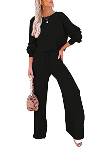 Viottiset Damen 2-Teiliges Outfit-Set Langarm Kurz Top Weitem Bein Hose Strick Pullover Sweatsuit Trainingsanzug Schwarz M von Viottiset