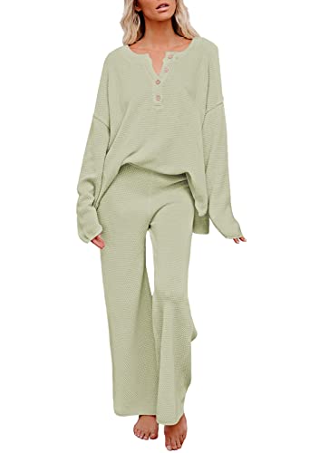 Viottiset Damen 2-Teiliges Outfit Set Langarm Pyjama Knopf Strickpullover Oberteil Hose Lose Trainingsanzug Hellgrün S von Viottiset