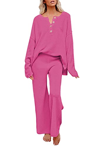 Viottiset Damen 2-Teiliges Outfit-Set Langarm Pyjama Knopf Strickpullover Oberteil Hose Lose Trainingsanzug Rosenrot S von Viottiset