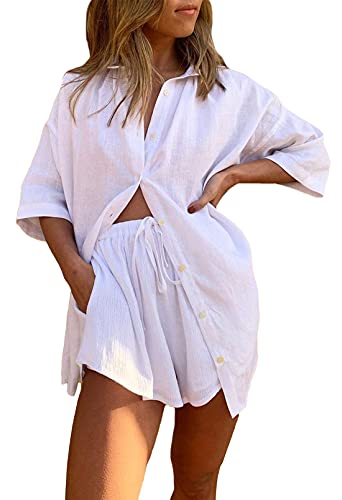 Viottiset Damen 2-Teiliges Outfit Sommer Kurzarm Top Shorts Trainingsanzug Set Kordelzug Hose Freizeit Sweatsuit Weiß L von Viottiset