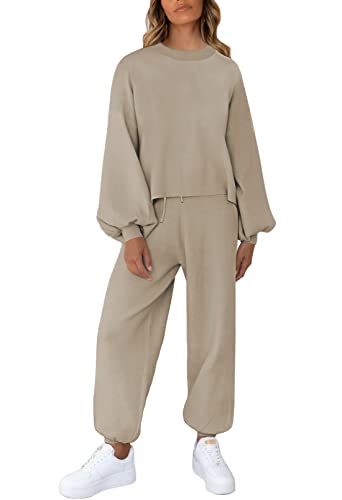 Viottiset Damen 2-Teiliges Outfit Sweatsuit Lässiger Strickpullover Trainingsanzug Pyjama Lounge Set Langarm Khaki L von Viottiset