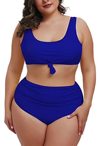 Viottiset Damen 2-Teiliges Übergröße Bikini-Set Hoher Taille Geraffter Bauchkontrolle Binden Badebekleidung Saphirblau 3XL von Viottiset