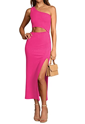 Viottiset Damen Ärmellos Cut Out Elegant Schlitz Freizeit One Shoulder Maxi Kleid Gerippt Bodycon Rosenrot M von Viottiset