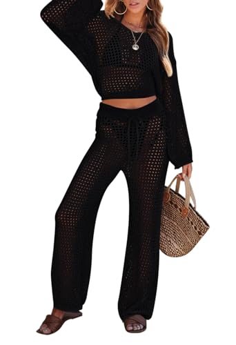 Viottiset Damen Badeanzug Cover Up Set 2-Teilig Häkeln Langarm Crop Top Breites Bein Hosen Strand Outfits Schwarz L von Viottiset