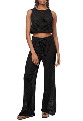 Viottiset Damen Badeanzug Cover Up Set 2-Teilige Häkellose Ärmellose Crop Top Breites Bein Lange Hosen Strand Schwarz XL von Viottiset