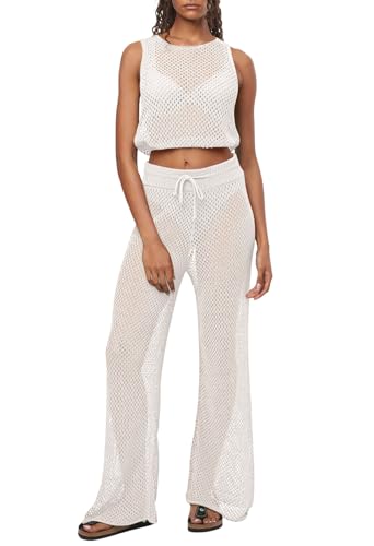 Viottiset Damen Badeanzug Coverups Set 2-Teilige Häkellose Ärmellose Crop Top Breites Bein Lange Hosen Strand Weiß XL von Viottiset