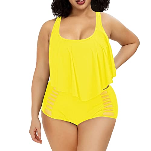 Viottiset Damen Badeanzug Tankini Bademode Groß Größe Bikini Sets High Waist Bikini für Mollige Gelb XL von Viottiset