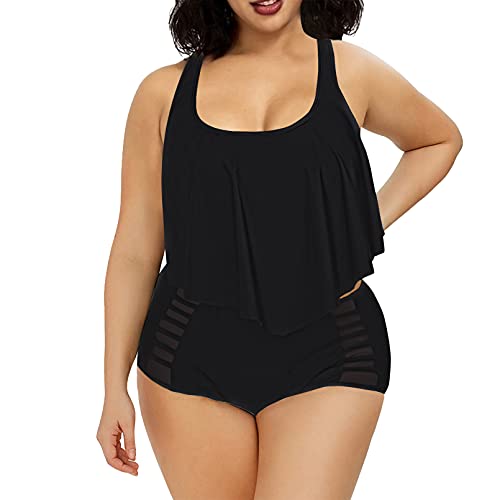 Viottiset Damen Badeanzug Übergröße Tankini Rüschen Hoher Taille Zweiteiliges Bikini-Set Strand Bademode Schwarz 4XL von Viottiset