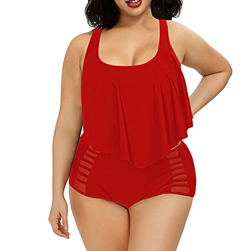 Viottiset Damen Badeanzug Übergröße Tankini Rüschen Hoher Taille Zweiteiliges Bikini-Set Strand Bademode Sommer Rot 3XL von Viottiset