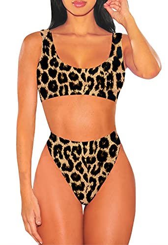 Viottiset Damen Bademode Crop Top Bikini Set Zweiteilige Badeanzug Hohe Taille Strandkleidung Push Up 02 - Braun X-Large von Viottiset