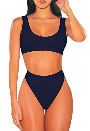 Viottiset Damen Bademode Crop Top Bikini Set Zweiteilige Badeanzug Hohe Taille Strandkleidung Push Up Deep Blue Groß von Viottiset